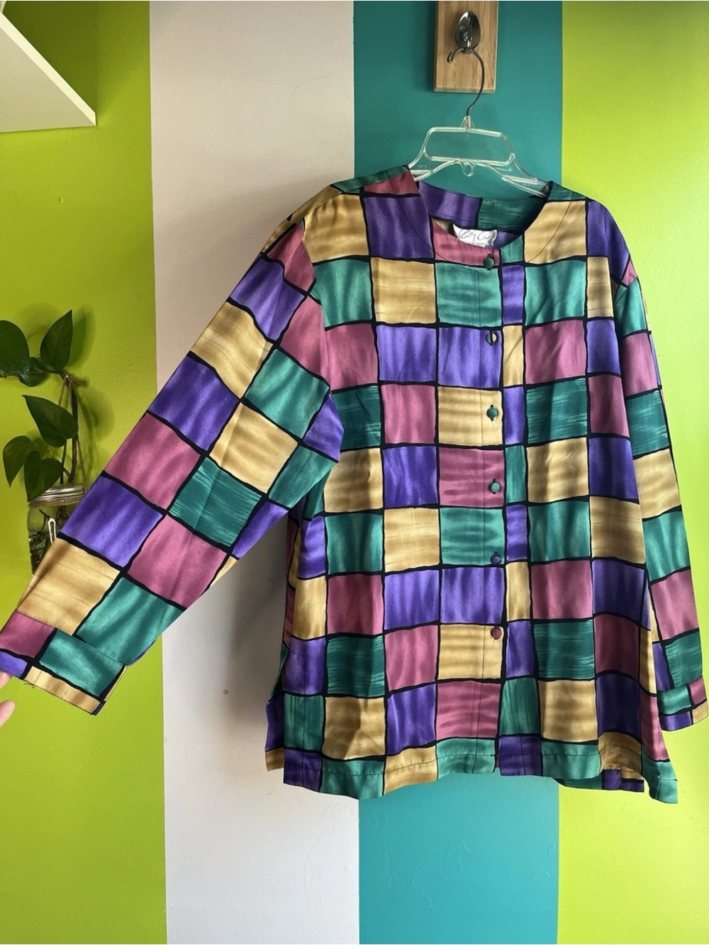 Colorful Stained Glass Patchwork 80s Button-Up Blouse in Purple, Teal & Gold